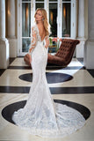 Elegant Mermaid V-neck Lace Backless Appliques Wedding Dress With Long Sleeves-misshow.com