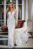 Elegant Mermaid V-neck Lace Backless Appliques Wedding Dress With Long Sleeves-misshow.com