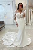 Elegant Mermaid V-neck Long Sleeves Lace Wedding Dress With Train-misshow.com