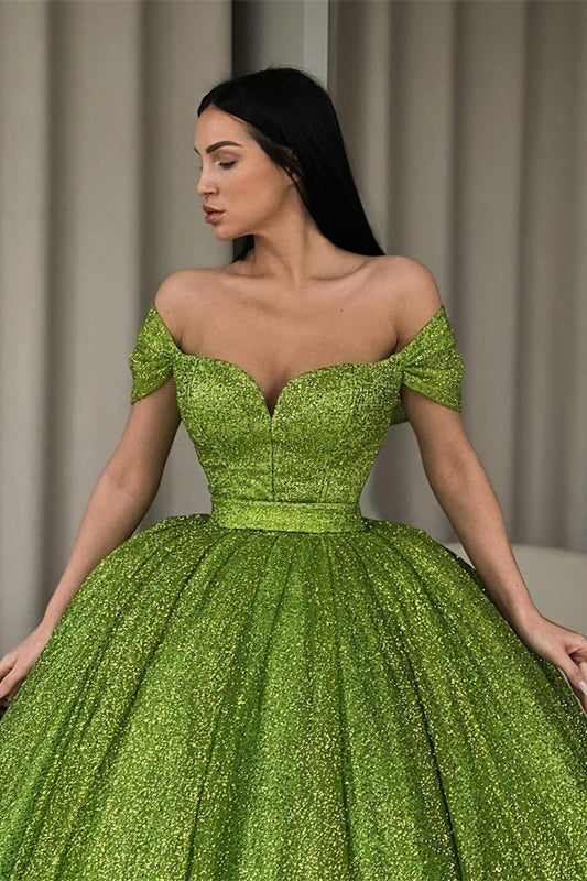 Elegant Off-the-Shoulder Green A-line Sequined Prom Dress-misshow.com