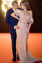 Elegant Off-the-shoulder Long Split Front Mermaid Prom Evening Dresses with Glitter-misshow.com