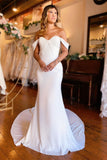 Elegant Off-the-shoulder Mermaid Satin Backless Wedding Dress With Train