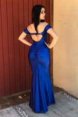Elegant Off The Shoulder Royal Blue Satin Mermaid Prom Evening Dresses-misshow.com