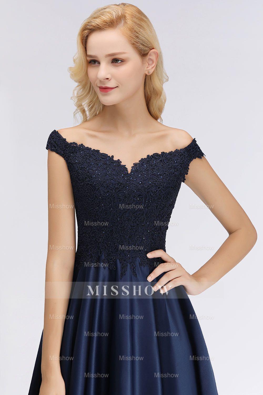 Elegant Off-the-Shoulder Ruffle Navy Lace Bridesmaid dresses with Beads Elegant Off-the-Shoulder Ruffle Navy Lace Bridesmaid dresses with Beads