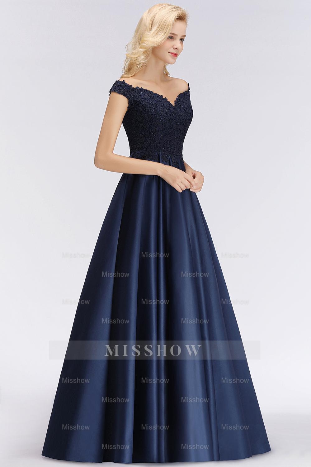 Elegant Off-the-Shoulder Ruffle Navy Lace Bridesmaid dresses with Beads Elegant Off-the-Shoulder Ruffle Navy Lace Bridesmaid dresses with Beads