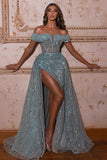 Elegant Off-the-shoulder Sequined Sleeveless A-line Prom Dress With Slit