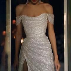 Elegant Off-the-shoulder Sleeveless A-line Sequined Wedding Dress With Slit-misshow.com