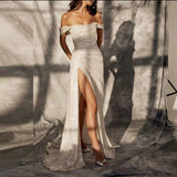 Elegant Off-the-shoulder Sleeveless A-line Sequined Wedding Dress With Slit-misshow.com