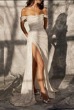 Elegant Off-the-shoulder Sleeveless A-line Sequined Wedding Dress With Slit-misshow.com
