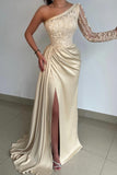 Elegant One Shoulder Lace Long Sleeve Satin Prom Dress With Slit-misshow.com