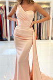 Elegant One Shoulder Nude Pink Zipper Mermaid Prom Dresses-misshow.com