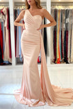 Elegant One Shoulder Nude Pink Zipper Mermaid Prom Dresses