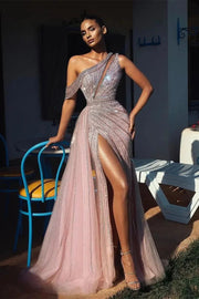 Elegant One Shoulder Sequined Sleeveless Split Front A-line Prom Dress