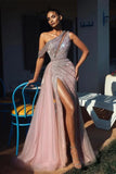 Elegant One Shoulder Sequined Sleeveless Split Front A-line Prom Dress-misshow.com