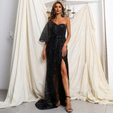 Elegant One Shoulder Sequins Split Mermaid Prom Dress-misshow.com