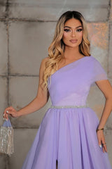 Elegant one shoulder sleeveless a-line 100D-Chiffon evening dresses ribbons