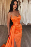Elegant Orange Sleeveless Split Mermaid Prom Dresses with Ruffles-misshow.com