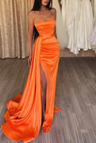 Elegant Orange Sleeveless Split Mermaid Prom Dresses with Ruffles-misshow.com