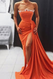 Elegant Orange Strapless Sleeveless Mermaid Floor-Length Satin Prom Dresses with Ruffles-misshow.com