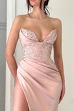 Elegant Peach V-neck Mermaid Evening Dresses Long Simple Prom Dresses With Slit-misshow.com