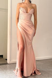 Elegant Peach V-neck Mermaid Evening Dresses Long Simple Prom Dresses With Slit
