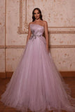 Elegant Pink A-line Tulle Sleeveless Prom Dress With Beads