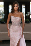 Elegant Pink Sequined Sleeveless Long Mermaid Prom Dress With Slit-misshow.com