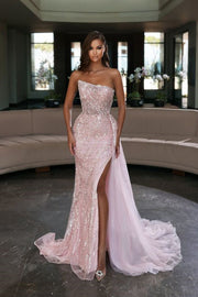 Elegant Pink Sequined Sleeveless Long Mermaid Prom Dress With Slit