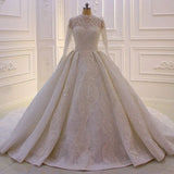 Elegant Princess A-line High Neck Lace Sequined Wedding Dress With Long Sleeves-misshow.com