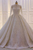 Elegant Princess A-line High Neck Lace Sequined Wedding Dress With Long Sleeves-misshow.com