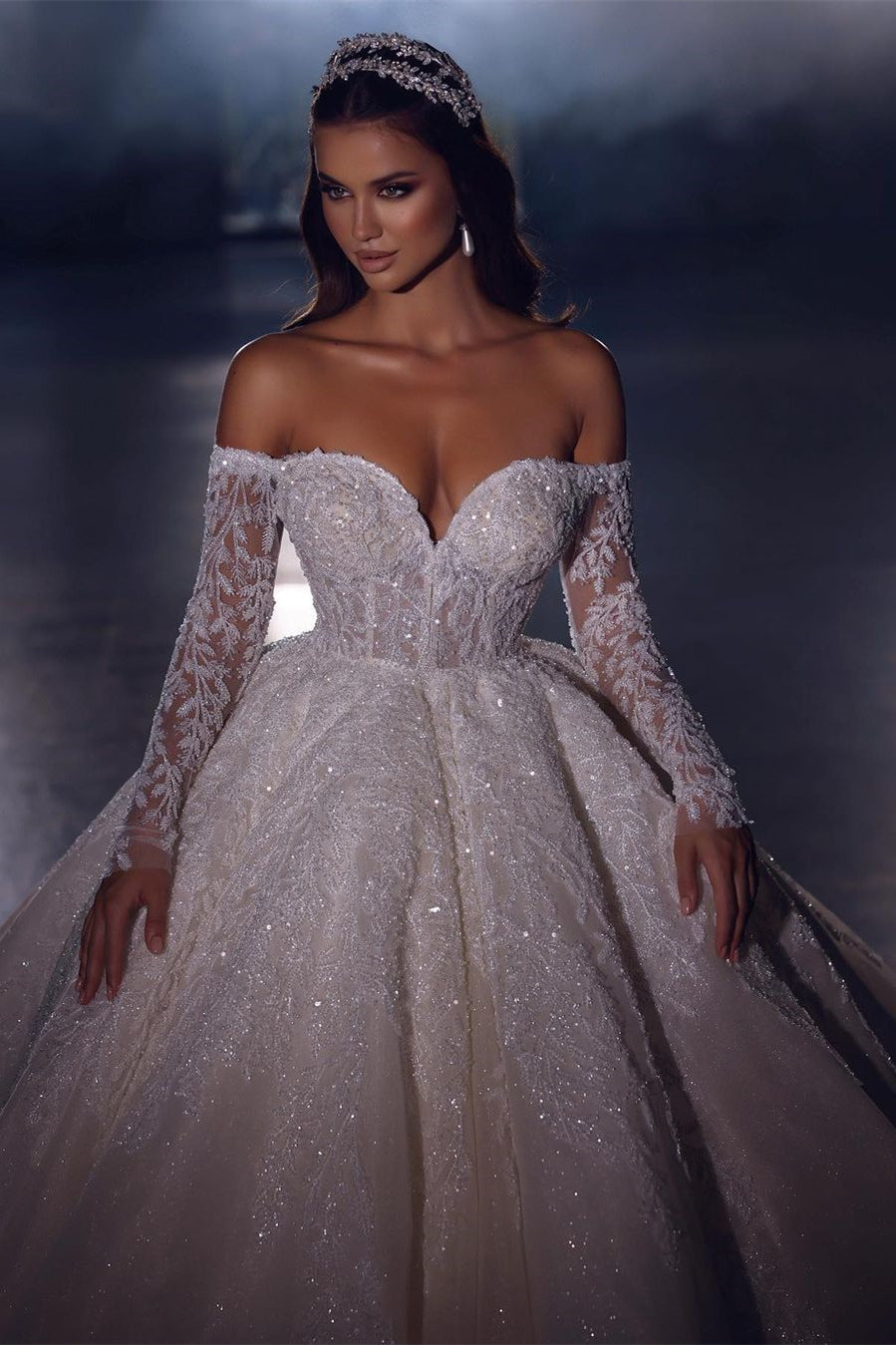 Elegant Princess A-line Off-the-shoulder Lace Appliques Wedding Dress With Long Sleeves-misshow.com