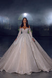 Elegant Princess A-line Off-the-shoulder Lace Appliques Wedding Dress With Long Sleeves-misshow.com