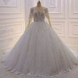 Elegant Princess A-line Tulle V-neck Lace Wedding Dress With Long Sleeves-misshow.com