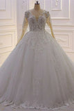 Elegant Princess A-line Tulle V-neck Lace Wedding Dress With Long Sleeves-misshow.com