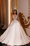 Elegant Princess Long A-line V-neck One Shoulder Satin Wedding Dresses-misshow.com