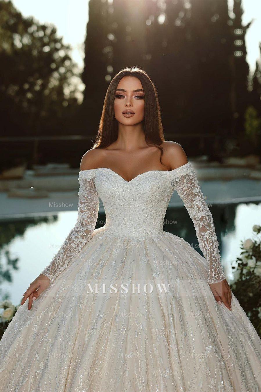 Elegant Princess Off-The-Shoulder A-Line Ball Gown Wedding Dress with Long Sleeves Elegant Princess Off-The-Shoulder A-Line Ball Gown Wedding Dress with Long Sleeves