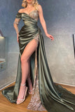 Elegant Prom Dresses Long Sleeves Sequin One Shoulder High Split Satin Formal Evening Gowns-misshow.com