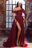 Elegant Red A-line One Shoulder Long Sleeve Sequined Prom Dress With Slit