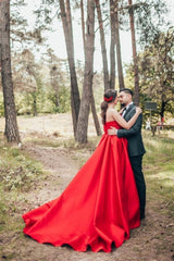 Elegant Red A-Line One Shoulder Satin Sleeveless Wedding Dresses-misshow.com