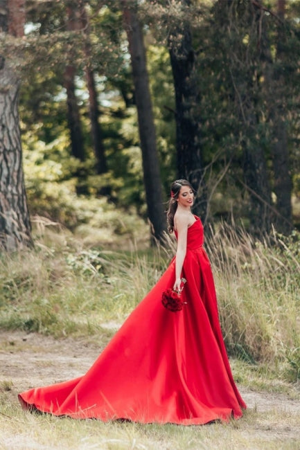 Elegant Red A-Line One Shoulder Satin Sleeveless Wedding Dresses-misshow.com