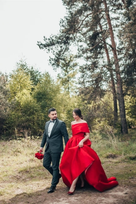 Elegant Red A-Line One Shoulder Satin Sleeveless Wedding Dresses-misshow.com