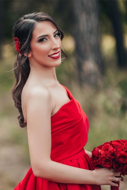 Elegant Red A-Line One Shoulder Satin Sleeveless Wedding Dresses-misshow.com