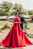 Elegant Red A-Line One Shoulder Satin Sleeveless Wedding Dresses