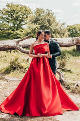 Elegant Red A-Line One Shoulder Satin Sleeveless Wedding Dresses-misshow.com