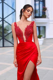 Elegant Red Long V-Neck Front Split Prom Dresses With Glitter-misshow.com
