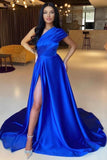 Elegant Royal Blue A-line Simple One Shoulder Long Prom Dresses With Slit-misshow.com
