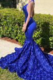 Elegant Royal Blue Halter Floor Length Sleeveless Lace Mermaid Prom Dress-misshow.com
