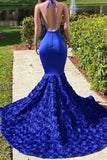 Elegant Royal Blue Halter Floor Length Sleeveless Lace Mermaid Prom Dress-misshow.com