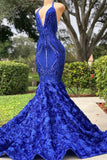 Elegant Royal Blue Halter Floor Length Sleeveless Lace Mermaid Prom Dress