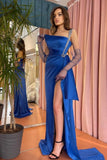 Elegant Royal Blue One Shoulder Long Prom Dresses With Glitter-misshow.com